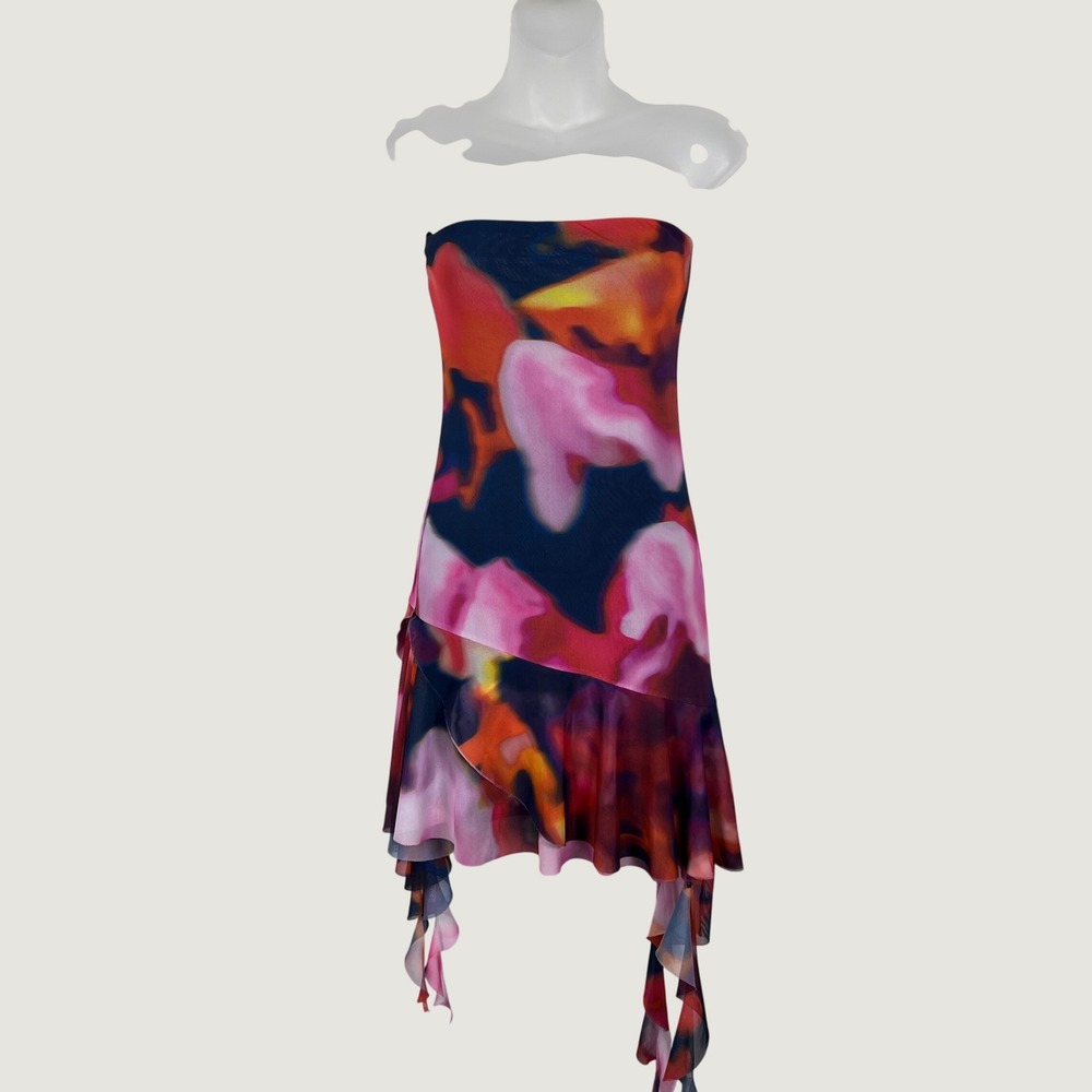 Zara Dress Women Medium Y2K Multicolor Mesh Strapless Ruffle Hem Abstract Print